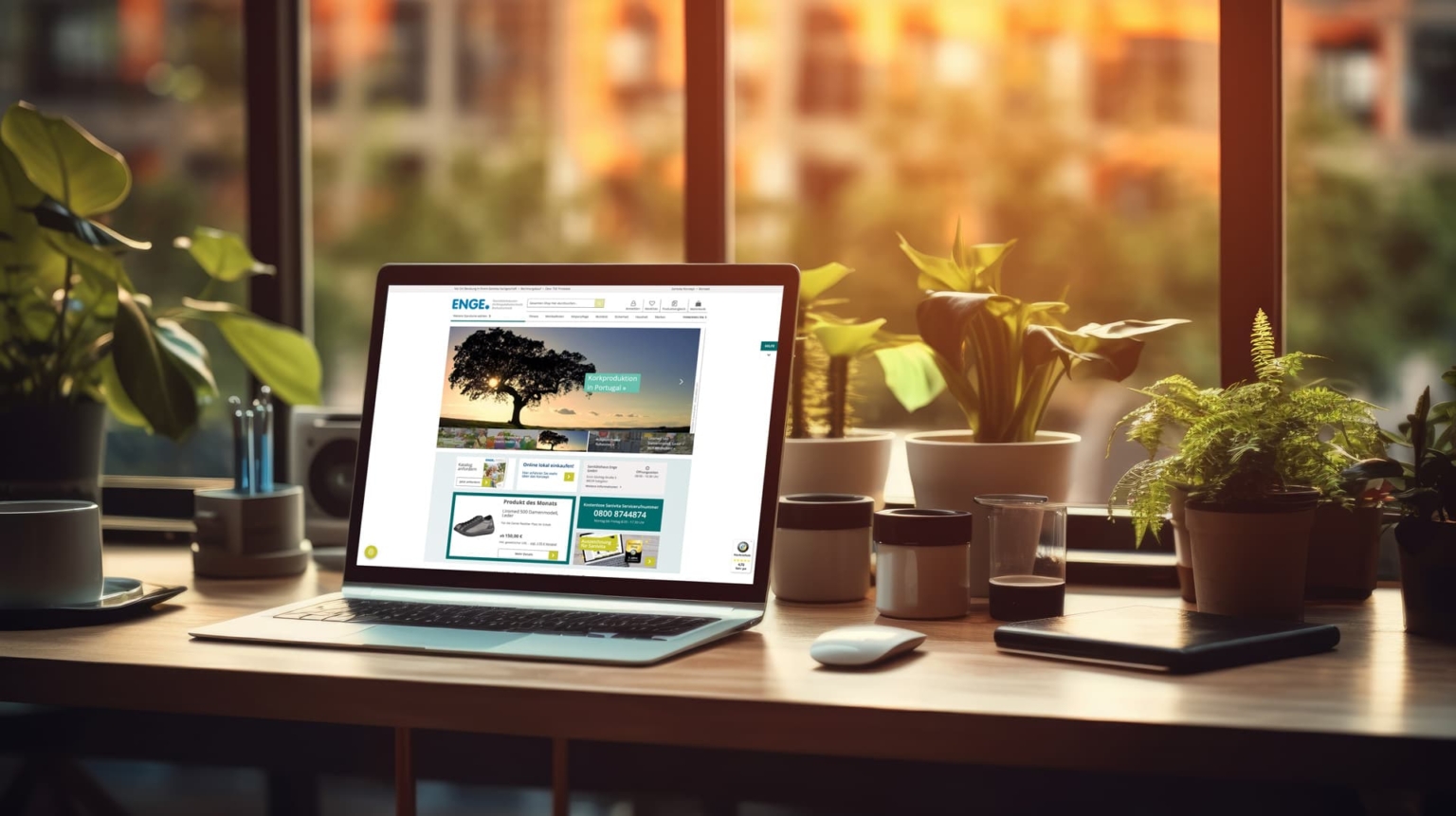 Ein Laptop steht im Büro vor dem Fenster auf einem Schreibtisch.