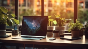 Ein Notebook steht im Büro vor dem Fenster auf einem Schreibtisch.