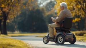 Ein älterer Mann fährt im Herbst mit einem Elektromobil durch einen Park. KI generiert.