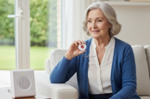 Eine ältere Frau hält ein Notrufsystem in der Hand - KI generiert