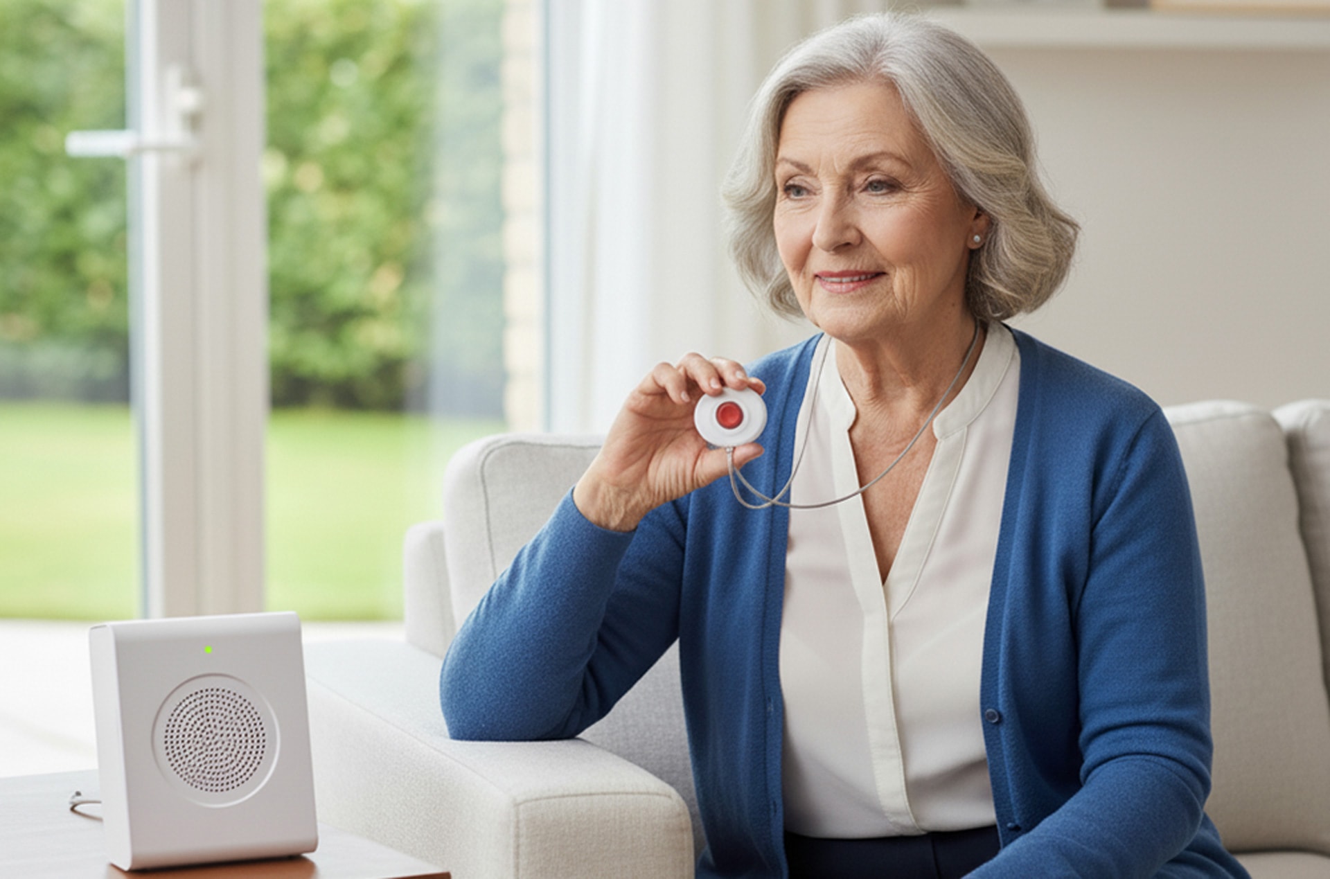 Eine ältere Frau hält ein Notrufsystem in der Hand Eine ältere Frau hält ein Notrufsystem in der Hand - KI generiert