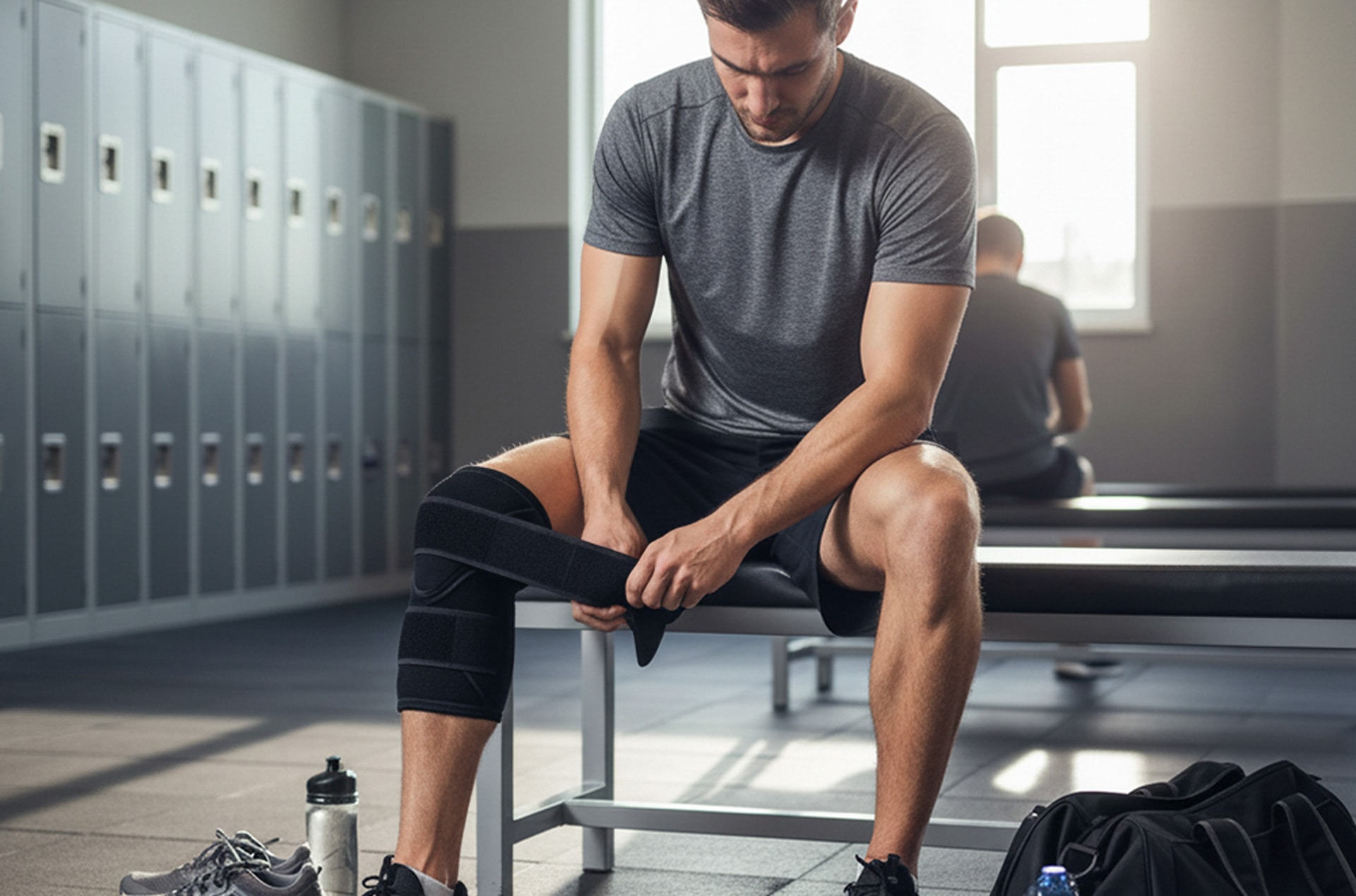 Mann bindet sich eine Sportbandage um das Knie Mann bindet sich eine Sportbandage um das Knie - KI generiert