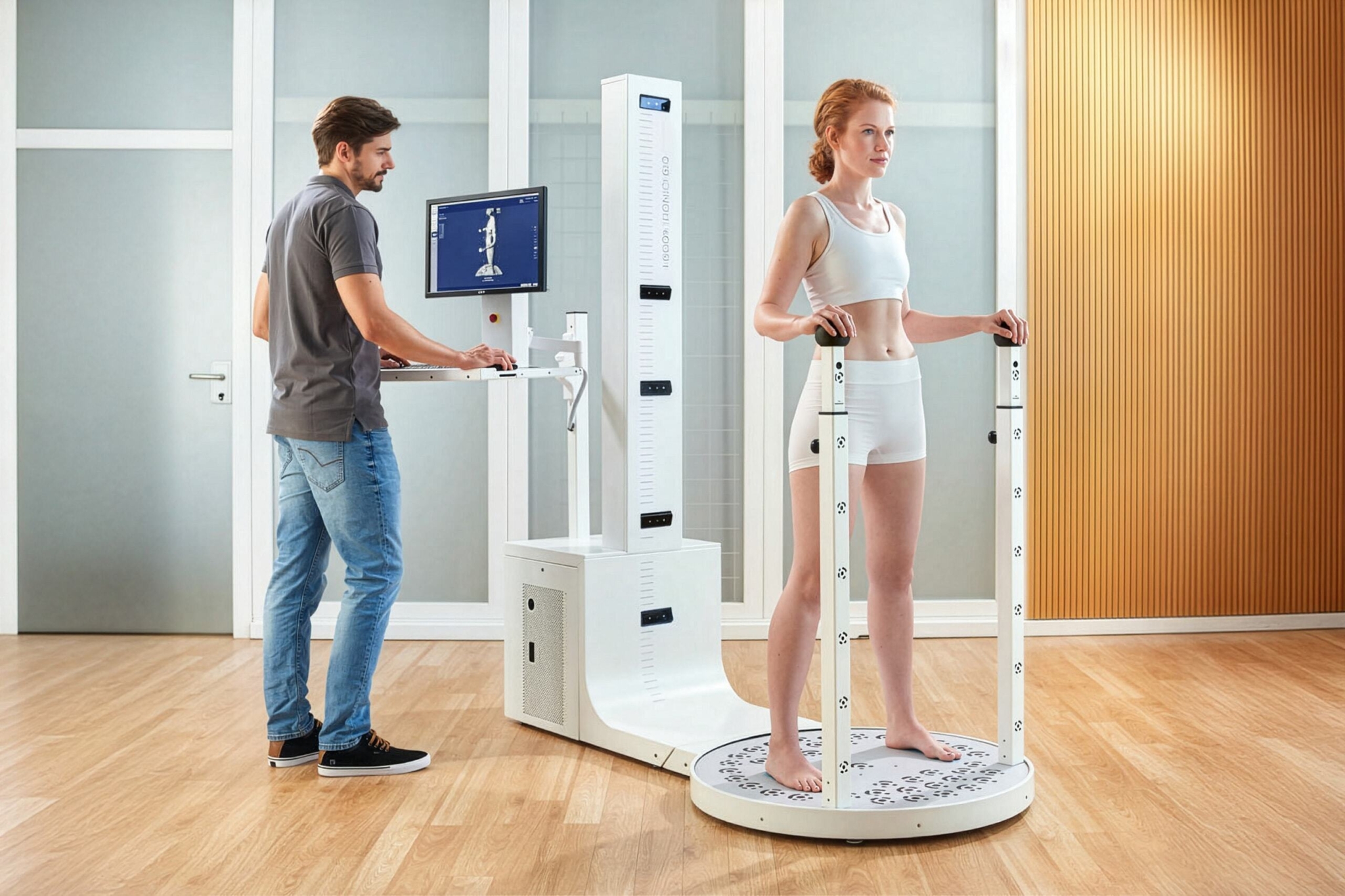 Frau steht auf einem Bodytronic-3D-Messsystem, während ein Mitarbeiter die Messdaten am Computer auswertet.