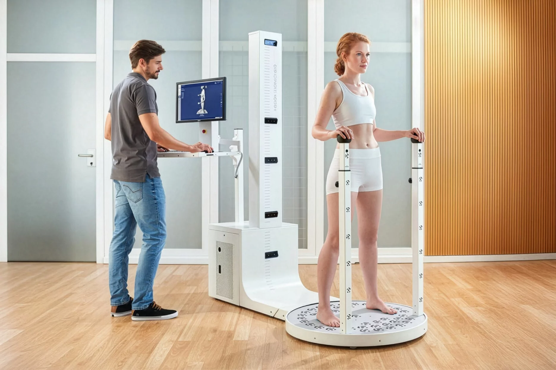 Frau steht auf einem Bodytronic-3D-Messsystem, während ein Mitarbeiter die Messdaten am Computer auswertet.