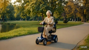 Eine ältere Frau fährt an einem sonnigen Tag mit einem Elektromobil im Park.