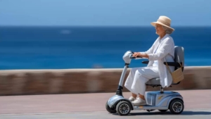 Eine ältere Frau fährt an einem sonnigen Tag mit einem Elektromobil auf einem malerischen Strandweg.