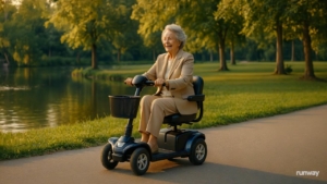 Eine ältere Frau fährt an einem sonnigen Tag mit einem Elektromobil im Park.